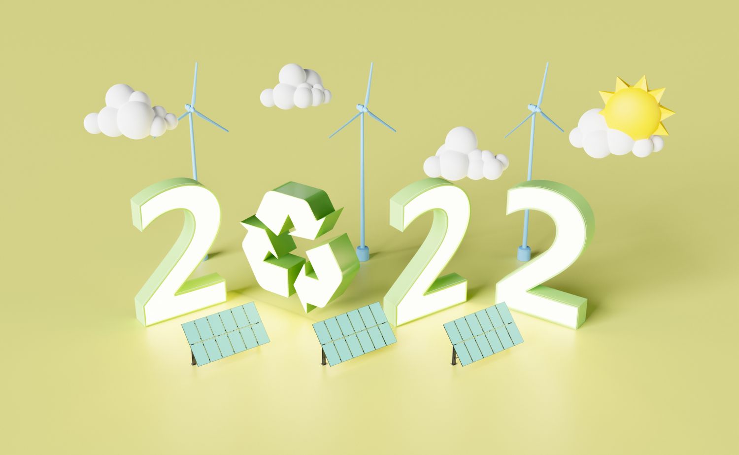 Schriftzug 2022 mit Symbolen der Erneuerbaren Energie umgeben